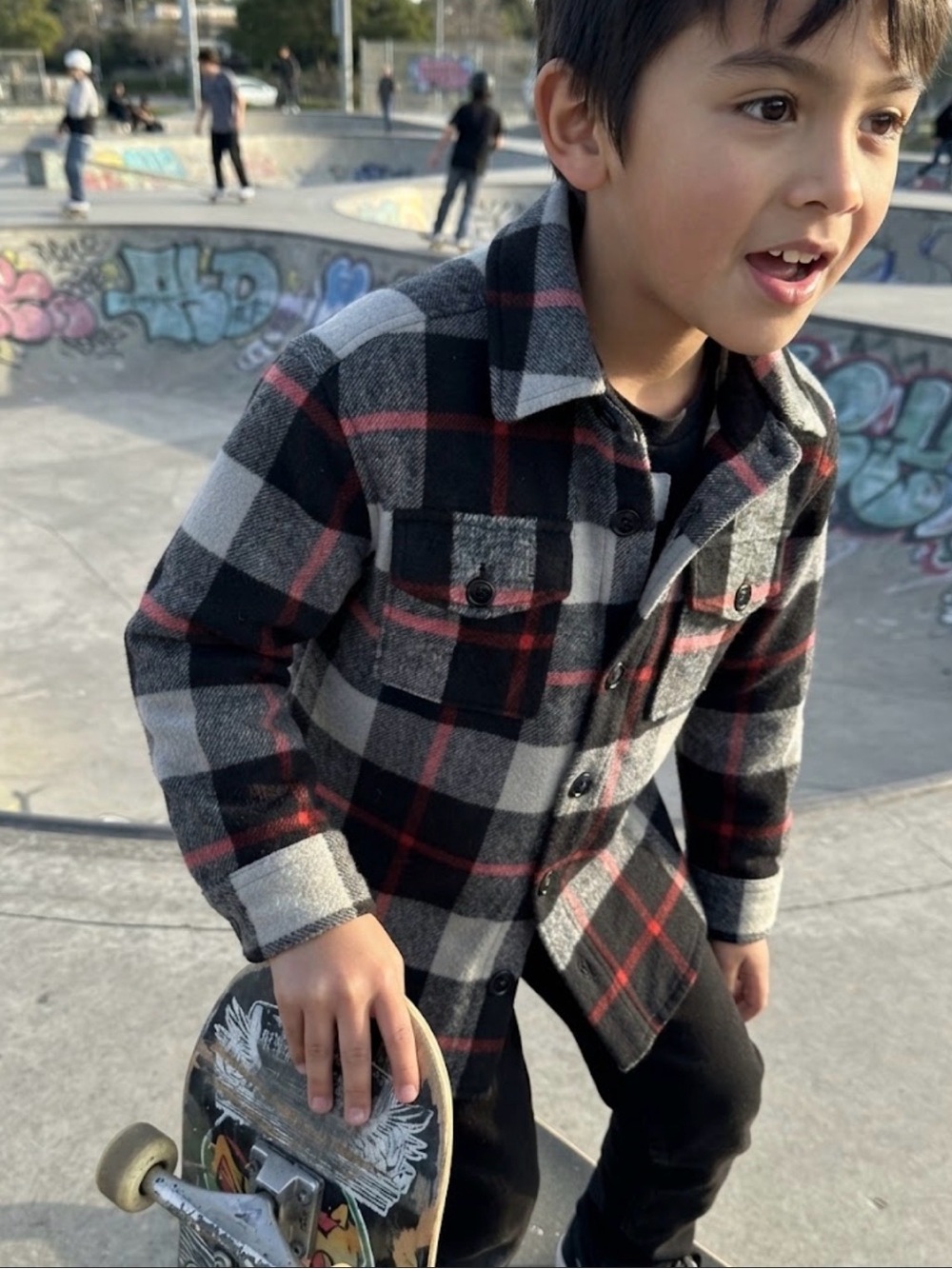 Gap Kids Red Black Gray Plaid Flannel Button Up Shacket Jacket Sz S (6/7)